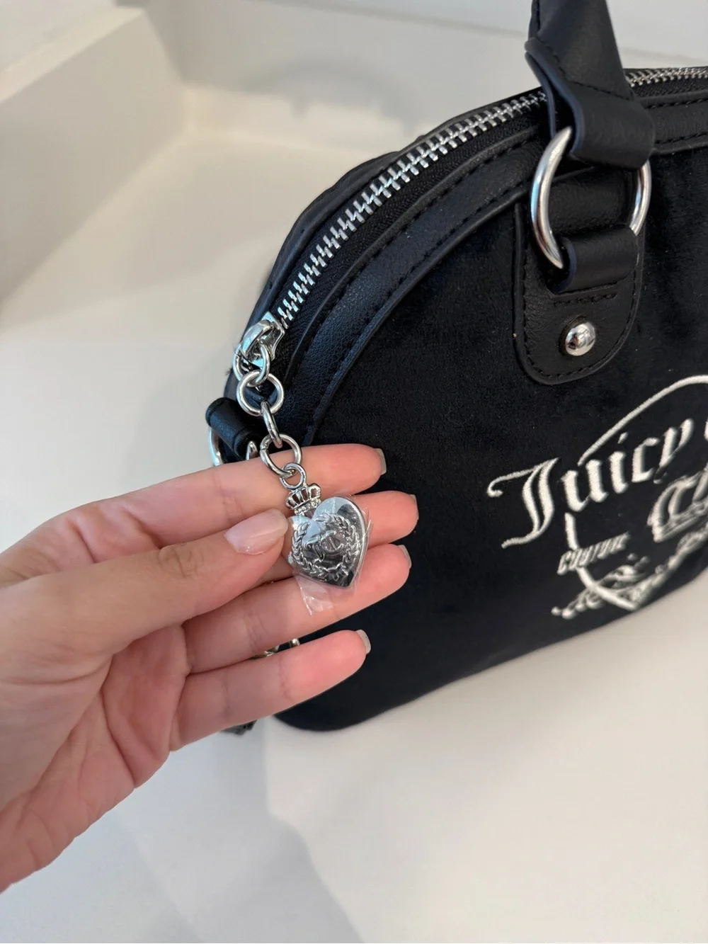 Juicy Couture Black Velour Satchel with Pink Bow